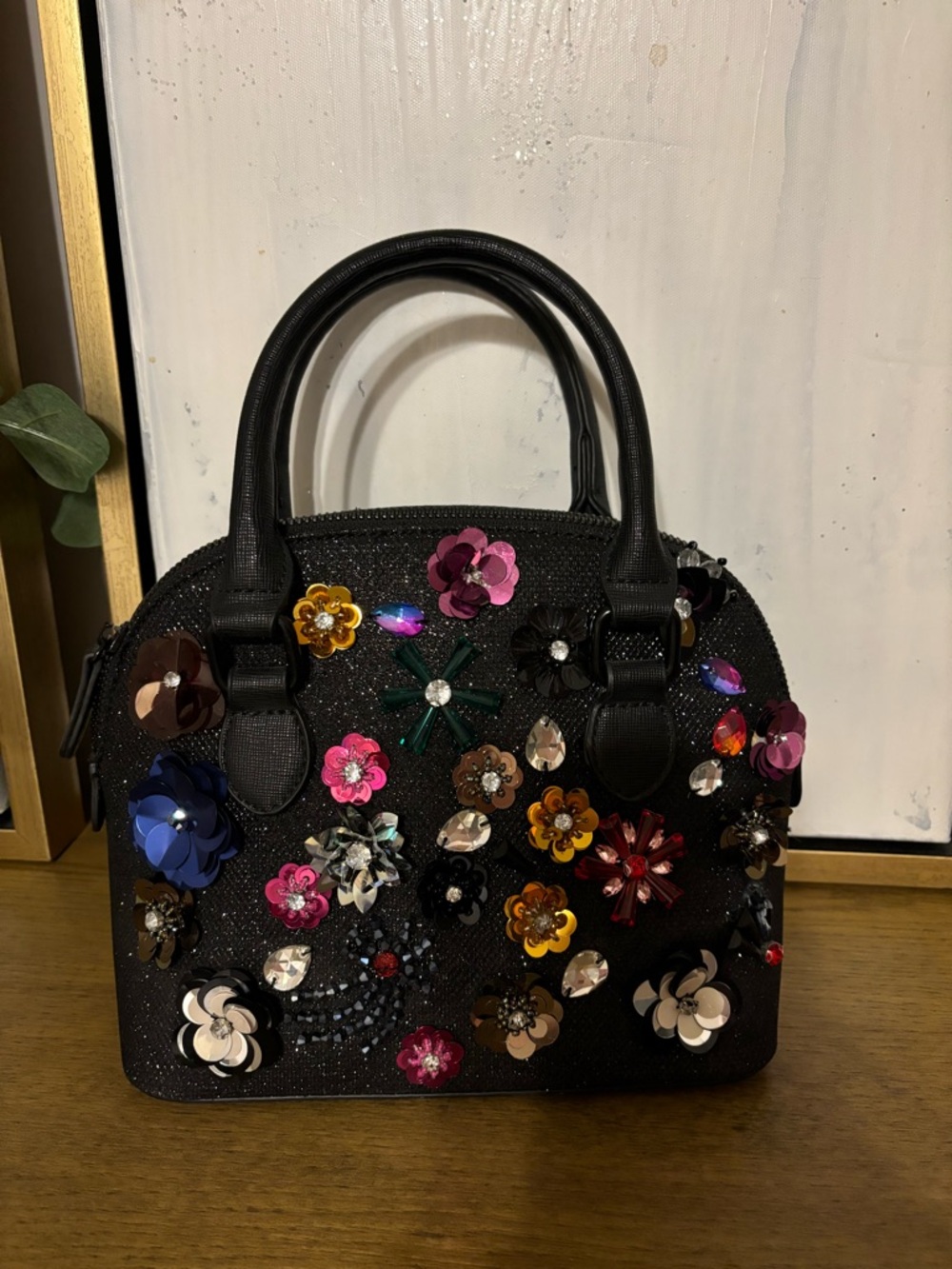 Black Floral Sequin Dome Satchel